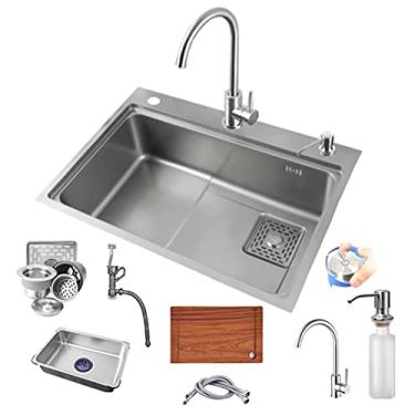 Imagem de HGTRH Lava-louça vista cozinha, lava-louças de cozinha completa pia de aço inoxidável com escorredor com 1 orifício drenagem direita e tubo de desboteamento sobre bancada, baixo balcão ou emaranhado