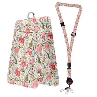 Imagem de Bolimoss Porta-crachá rosa rosa com janelas de dupla face, lindo porta-cartão de identificação de couro floral com cordão ajustável removível para pescoço e clipe retrátil de liberação rápida para