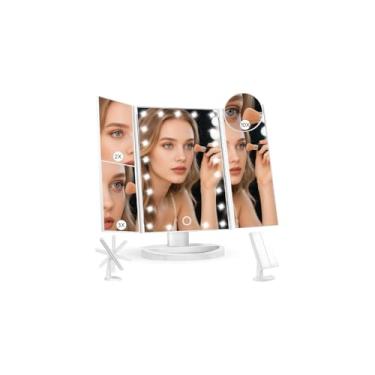 Imagem de Espelho de Maquiagem Triplo Dobrável com Iluminação LED, Ampliação 2x e 3x, Rotação 180°, Branco, USB, 31.5x13.5x18.5cm