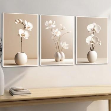 Imagem de Quadro Decorativo - Flores Orquídea Bege Boho Moldura e Vidro Para Decoração Sala Quarto (Moldura Branca, 60x80, Sem Vidro)