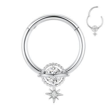 Imagem de GAGABODY Piercing de nariz de aço cirúrgico calibre 16 brincos septo joia septo 8 mm prata hélice brincos argola daith jóias estilo galáxia CZ 16G clicker hoop daith brinco