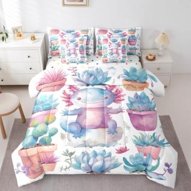 Imagem de Jogo de cama casal e edredom Kawaii Axolotl, tritão do oceano azul, 7 peças, planta, folha, botânica, lençol em uma bolsa, animais selvagens, estampa de salamandra, decoração de quarto bonita e
