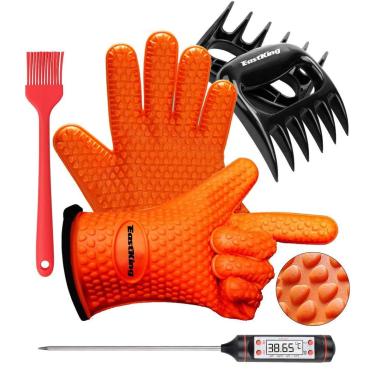 Imagem de Luvas de churrasco EastKing/grampos de churrasco/termômetro de carne e escova de silicone de valor superior conjunto premium (conjunto de 4 peças) – Resistente ao calor/antiderrapante/seguro/ao frio/luvas de silicone para uso interno e externo