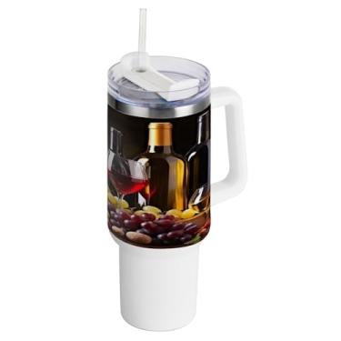 Imagem de Kigai Copo de 1,134 g com tampa e canudo, uvas e vinho tinto à prova de vazamento durável copo isolado de aço inoxidável com alça, garrafas de água à prova de derramamento para viagens