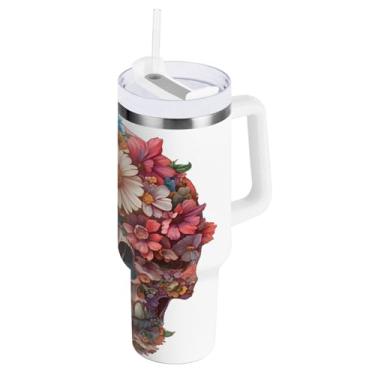 Imagem de STAYTOP Copo de caveira de flor bonita de 850 g com tampa e canudo, copo isolado de aço inoxidável durável à prova de vazamento com alça, garrafas de água à prova de derramamento para viagens