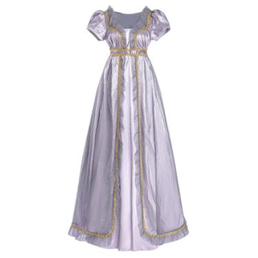 Imagem de LTAKK Feminino Vestido Regência Feminino Traje Regência Cintura Império Vestido Vitoriano Para Chá Com Faixa, Roxo Acinzentado, Gg