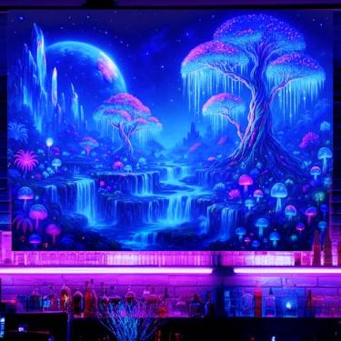 Imagem de BlissYard Tapeçaria neon fantasia cachoeira luz negra UV cogumelo psicodélico floresta cachoeira para pendurar na parede para sala de estar, quarto, dormitório, bar, decoração de festa 198 x 159 cm