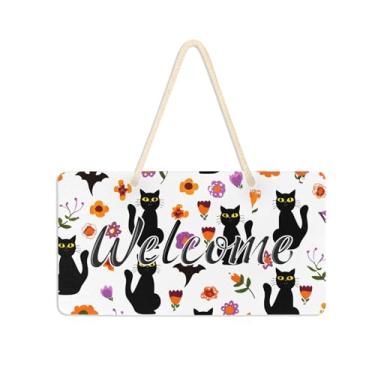 Imagem de Burbuja Placa de boas-vindas Black Cats Pumpkins para porta da frente, placa de boas-vindas de PVC para decoração de férias, 15 x 28 cm
