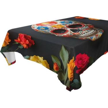 Imagem de Burbuja Caveira com toalha de mesa floral colorida, toalha de mesa quadrada anti-rugas grossa para decoração de jantar, cozinha, festa, 137 x 137 cm