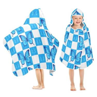 Imagem de Burbuja Toalha de banho com capuz borboletas xadrez para crianças, toalha de praia de pelúcia macia absorvente para chá de meninas e meninos 3-10 anos, 61 x 127 cm