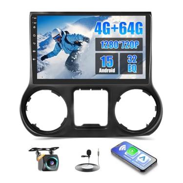 Imagem de Rádio estéreo automotivo de 4 + 64 G para Jeep Wrangler 2011 2012 2013 2014 com CarPlay Android Auto, tela sensível ao toque Android de 10,1 polegadas para Wrangler estéreo de carro com Bluetooth 5.0