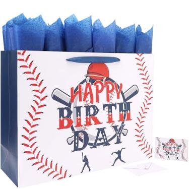 Imagem de Conjunto de bolsa de presente de aniversário de beisebol extragrande de 58 x 43 cm com alças, cartão de felicitações, papéis azuis e adesivos, bolsa de presente grande 2GG grande para meninos