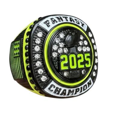 Imagem de Legacy Rings 2025 Premium Neon Amarelo e Preto Tom Fantasia Campeonato de Futebol Troféu Medalha de Prêmio para Campeão da Liga de Futebol Fantástico | Com suporte pequeno