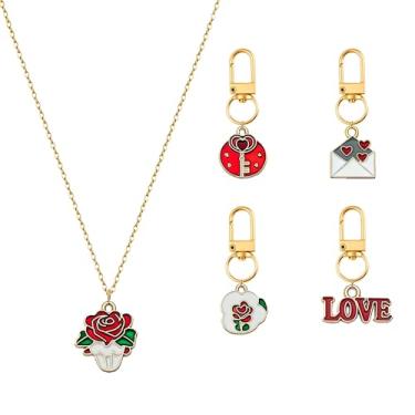 Imagem de MALOYANVE Conjunto de joias com tema de amor para o Dia dos Namorados, 5 peças, rosa e vermelho, coleção esmaltada com rosa, coração, berloques de envelope, presente romântico para o amante, Medium