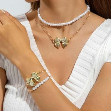 Imagem de Colar com laço de pérola para mulheres, gargantilha de camada dupla, joia presente, Medium, Latão, Sem Pedra Preciosa