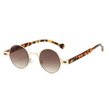 Imagem de HCPIHF Óculos de sol redondos pequenos retrô de metal feminino, óculos de sol da moda com gradiente UV400, rebites masculinos, punk (degradê de chá de leopardo)