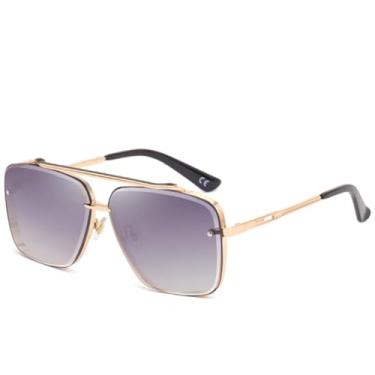 Imagem de HCPIHF Óculos de sol de metal com ponte dupla da moda, masculino e feminino, óculos de direção UV400 (cinza degradê dourado)