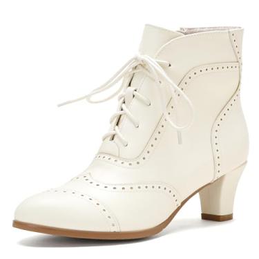 Imagem de Pixoecuty Bota feminina de cano curto com cadarço e zíper lateral vitoriana salto médio grosso, Bege, 39