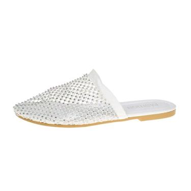 Imagem de Chinelos femininos com strass bico redondo bico fechado casual praia primavera verão versátil UE 36-43 Reino Unido 3,5-7 EUA 5,5-9 comprimento do pé 23-26,7 cm, Branco, 38