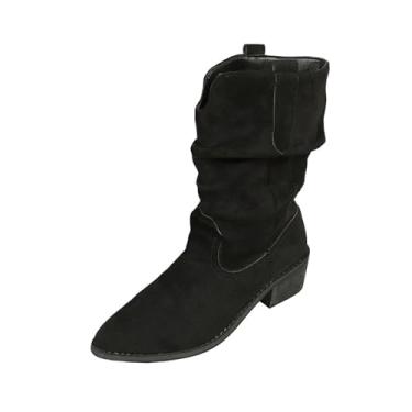 Imagem de Botas curtas femininas modernas chiques para clima frio forradas felpudas confortáveis com bico fino salto baixo altura do tornozelo para todas as estações, Preto, 35