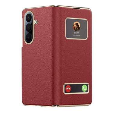 Imagem de POYUFRG Capa magnética para Samsung Galaxy Z Fold 7, capa flip para janela de visualização fina, luxuosa, galvanizada, proteção tudo incluída, capa de couro, vermelha, Z Fold 7