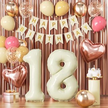 Imagem de Decorações de aniversário de 18 anos para meninas retrô blush rosa doce 18 balões de aniversário creme branco areia feliz 18 bandeira ouro rosa número 18 balão para decoração de festa de 18 anos