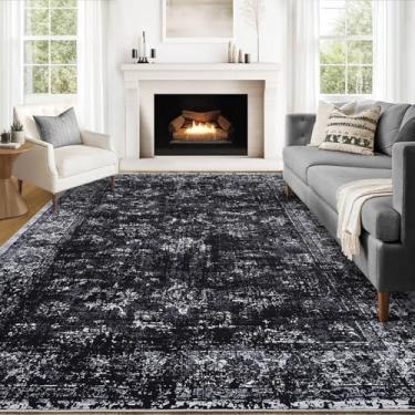 Imagem de COZYLOOM Tapete grande para sala de estar, 25 x 30 cm, lavável à máquina, tapete macio antiderrapante, estampa envelhecida vintage para áreas de alto tráfego no quarto, quarto do berçário, preto