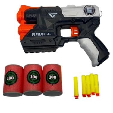 Imagem de Pistola Lançadora de Dardos RAVIL-L com 5 Dardos de Espuma e 3 Alvos, Brinquedo Infantil de Tiro ao Alvo, Preto e Laranja, 9 Peças