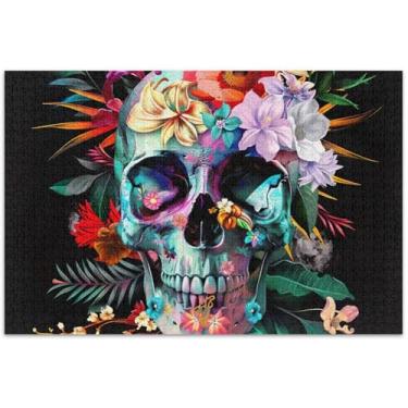 Imagem de Quebra-cabeça de caveira com flores coloridas para adultos, 1000 peças, presentes de elefante branco, natureza, quebra-cabeças de animais, arte colorida, 75 x 40 cm