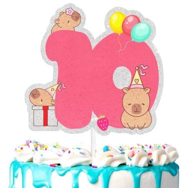 Imagem de Lindo enfeite de bolo capivara infantil 10º animal selvagem temático feliz zoológico, festa de aniversário amante de capivara para meninos e meninas, festa animal, suprimentos de decoração de