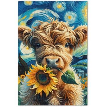 Imagem de Quebra-cabeça Starry Night Highland Cow Girassol, 1000 peças, presentes de jogo de quebra-cabeça engraçados, presentes Prime Puzzles para decoração de casa, 75 x 40 cm