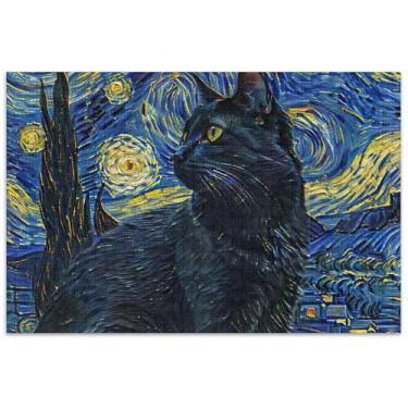 Imagem de Quebra-cabeças adultos noite estrelada gato preto 1000 peças quebra-cabeça engraçado difícil arte colorida