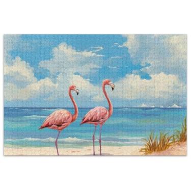 Imagem de Flamingos rosa aquarela praia adultos quebra-cabeça 1000 peças presentes para elefante branco jogo duros pintura decoração