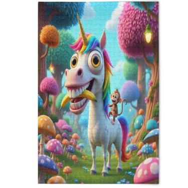 Imagem de Quebra-cabeça adulto 1000 peças de desenho animado unicórnio floresta elefantes brancos presentes quebra-cabeças criativos para adultos desenho animado arte animal, 1000 peças, 75 x 50 cm