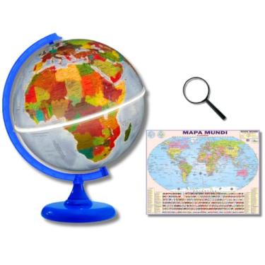 Imagem de GLOBO TERRESTRE FÍSICO POLÍTICO COM LUZ LED 30CM BASE E RÉGUA AZUL + MAPA MUNDI + LUPA