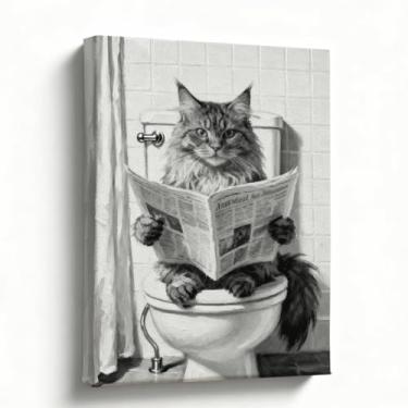 Imagem de Arte engraçada de parede de banheiro de gato, 20 x 25 cm, impressão em tela de jornal de leitura de gato, decoração de banheiro preto e branco para banheiro de hóspedes, presente para amantes de gatos