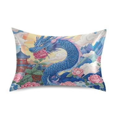 Imagem de Fronhas legais de cetim floral dragão asiático resfriamento padrão queen king size almofadas florais para cama de casa sofá tamanho queen 76,2 cm x 50,8 cm