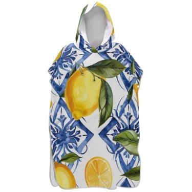 Imagem de Joisal Roupão para adultos poncho de surfe praia moletom toalha absorvente natação ponchos de praia para homens siciliano limão branco azul