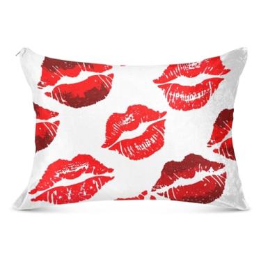 Imagem de Capa de almofada de flanela branca com batom vermelho Kiss Marks decorativa para o corpo fronha padrão Queen King fronha fofa grande, tamanho Queen, 50,8 cm x 76,2 cm
