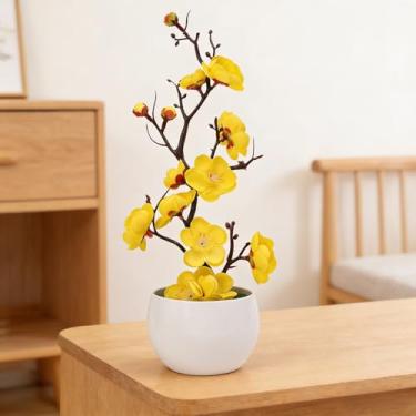 Imagem de 28 cm Flor artificial cerejeira primavera ameixa flor pêssego vasos plantas artificiais bonsai flores falsas ornamentos acessórios para casa (amarelo)