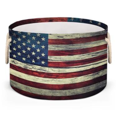 Imagem de Cesta grande redonda de armazenamento, vintage, bandeira americana, dobrável, cesto de armazenamento, cesto de roupa suja com alça para crianças, meninos, meninas, brinquedo, quarto, sala de estar