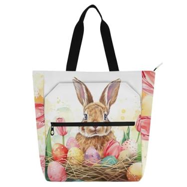 Imagem de GAIGEO Sacola feminina de lona para trabalho com coelhinho da Páscoa em aquarela com zíper bolsa carteiro com compartimentos