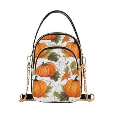 Imagem de Bolsa tiracolo feminina Husky usando um chapéu de pirata, bolsa pequena com alça de ombro, bolsa transversal de outono, Remendos de abóbora com folhas de outono-1, One Size