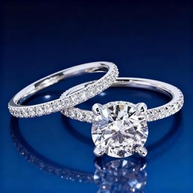 Imagem de 2 peças/conjunto de anéis de noivado clássicos 4 garras de zircônia brilhante conjunto de anéis de casamento para mulheres presente de joias para ela (sem caixa), 10, Cobre, Zircônia cúbica