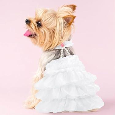 Imagem de Vestido de noiva de cachorro com colar de pérolas e vestido de princesa rosa para filhotes e gatos (grande)