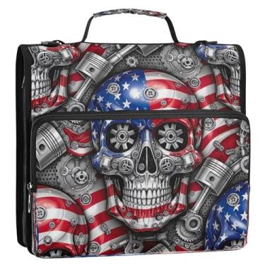 Imagem de Bolsa organizadora de fichário com zíper vintage bandeira americana caveira com alça de 3 anéis para armazenamento de documentos escolares e escritórios