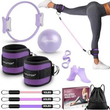 Imagem de Kit de anéis de Pilates para mulheres, acessórios de equipamento de pilates, conjunto de treino doméstico com círculo mágico, mini bola de exercício, faixas de resistência ao tornozelo e meias de ioga
