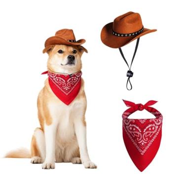 Imagem de Fantasia de cowboy de cachorro, chapéu de fantasia de Halloween e bandana conjunto de duas peças acessórios de festa para cães e gatos pequenos, médios e grandes (marrom-M)