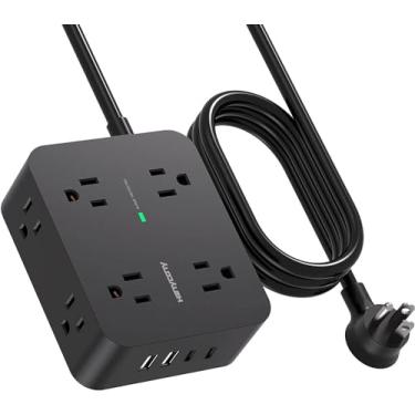 Imagem de Cabo protetor de linha de 3 metros, cabo de extensão com 2 portas USB C, extensor de várias saídas com plugue plano, suporte de parede para casa, escritório, faculdade, quarto, suprimentos