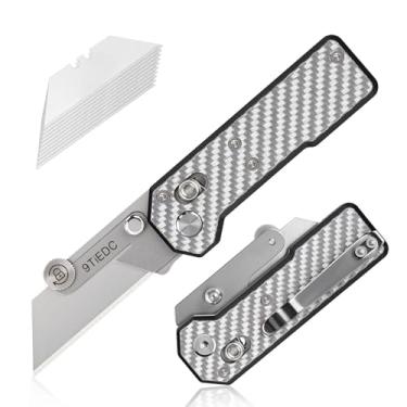 Imagem de 9TiEDC Faca utilitária dobrável, cortador de caixa de segurança resistente com cabo de fibra de carbono G10, faca de barbear com lâminas extras de 10 peças, perfeita para ferramentas domésticas